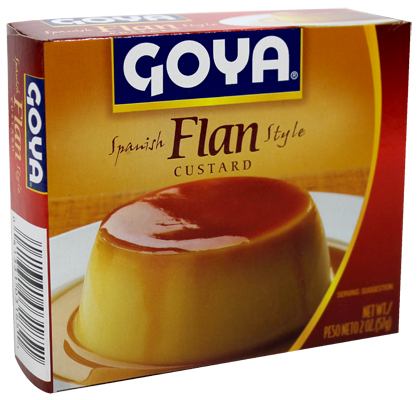 Goya  flan ready mix . 4 servings  2. oz